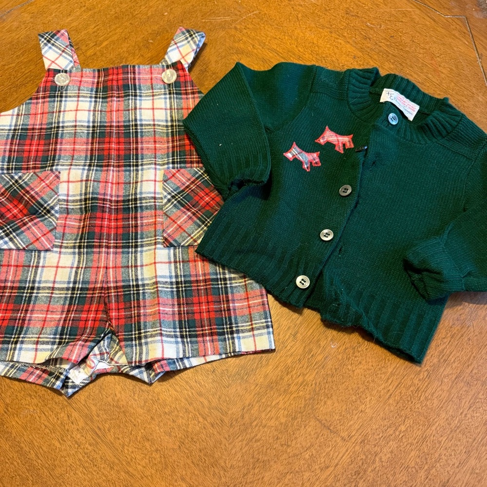 Vtg Florence Eiseman Christmas Outfit Shortalls Cardigan Sweater Boys 2T